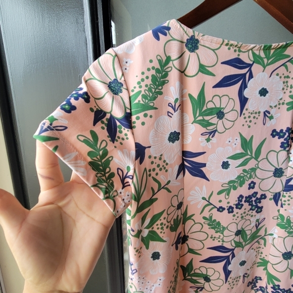 KATHERINE WAY Floral Mini Gold Dress Stretchy Short Sleeves XS Pockets Pink - Picture 9 of 11